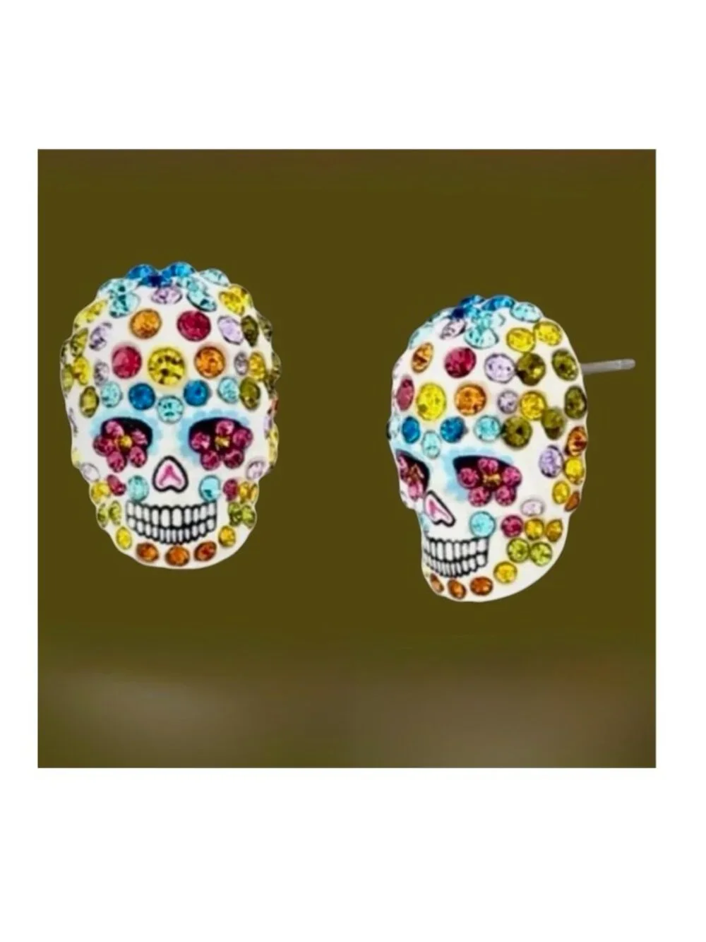 Betsey Johnson Sugar Skull Stud Earring Colorful Pave Crystal Dia De Los Muertos